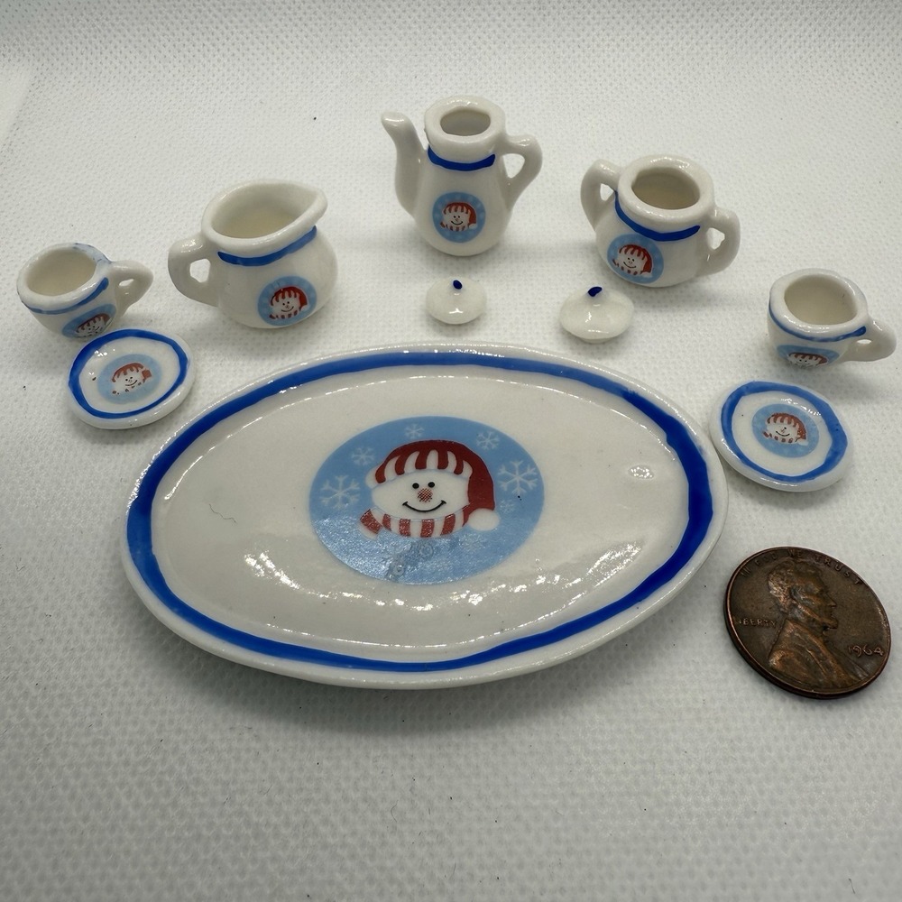 Doll Size Miniature Snowman Holiday Porcelain China Tea 10 Piece Set